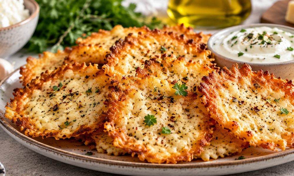 Cottage cheese chips recipe with crispy baked high-protein chips served with creamy herb dip