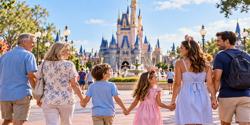 Family walking toward a theme park castle on a Florida vacation, illustrating a Disney World deals 2026 travel guide.