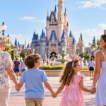 Family walking toward a theme park castle on a Florida vacation, illustrating a Disney World deals 2026 travel guide.