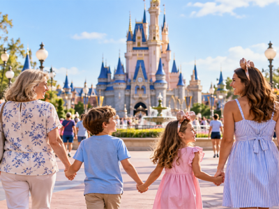 Family walking toward a theme park castle on a Florida vacation, illustrating a Disney World deals 2026 travel guide.