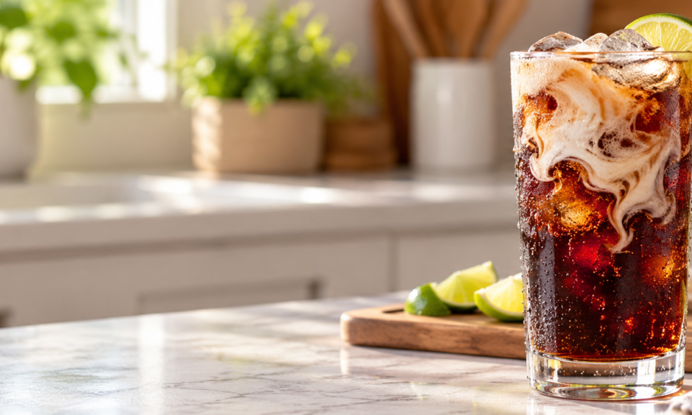 Dirty Dr Pepper recipe with coconut syrup, cream, lime, and ice in a glass