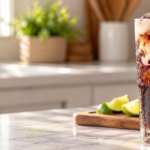 Dirty Dr Pepper recipe with coconut syrup, cream, lime, and ice in a glass