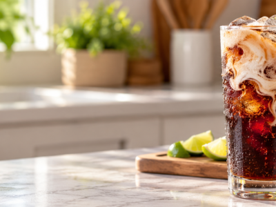 Dirty Dr Pepper recipe with coconut syrup, cream, lime, and ice in a glass