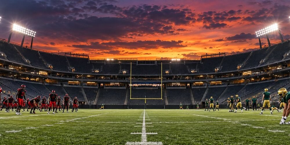 Generic football teams warming up under stadium lights before a night game