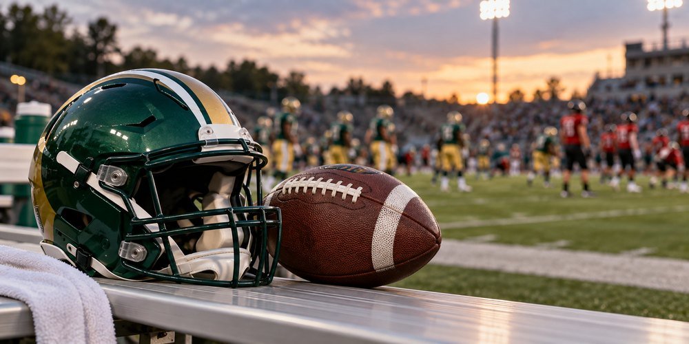 Football and helmet by the sideline before a night game
