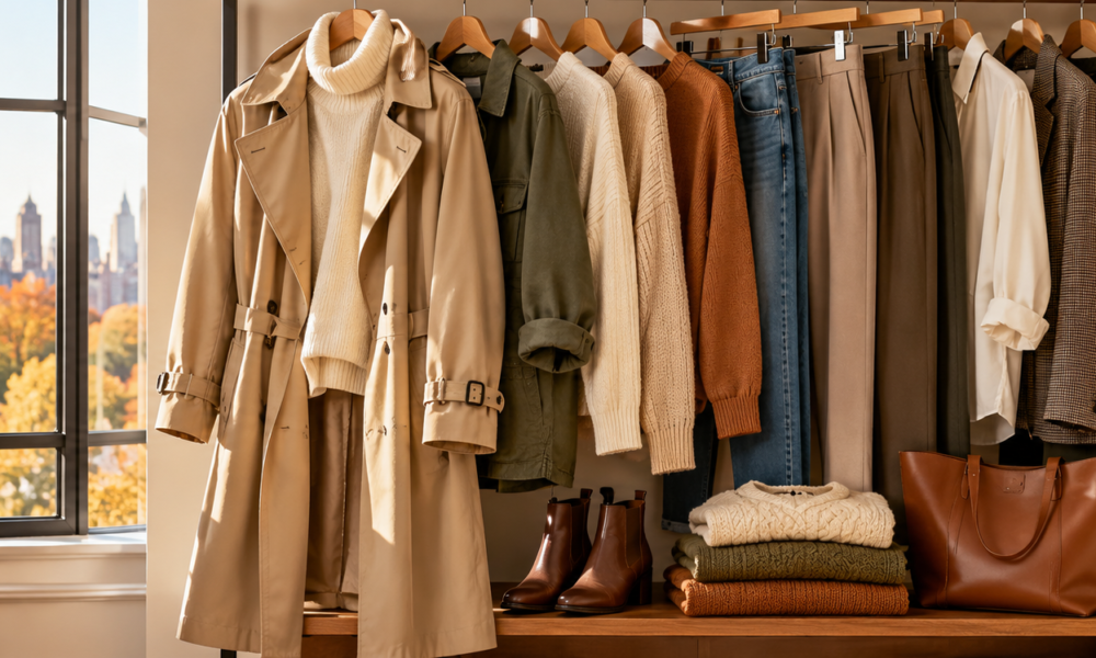 Fall capsule wardrobe with a trench coat, knit sweaters, jeans and ankle boots for changing autumn weather.