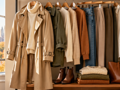 Fall capsule wardrobe with a trench coat, knit sweaters, jeans and ankle boots for changing autumn weather.
