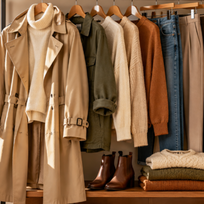 Fall capsule wardrobe with a trench coat, knit sweaters, jeans and ankle boots for changing autumn weather.