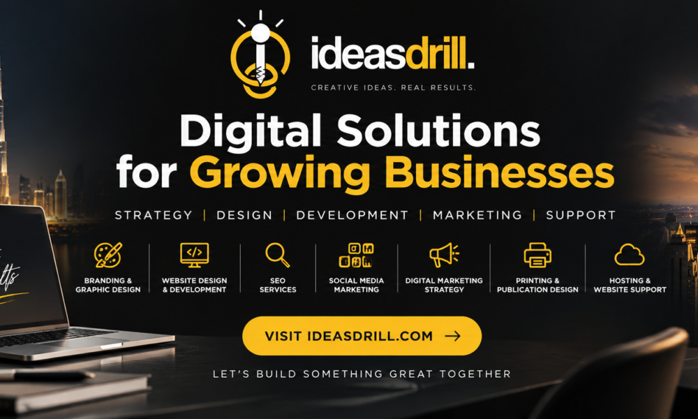 Ideas Drill digital marketing agency for small businesses offering web design, SEO, branding and social media services in UAE and USA