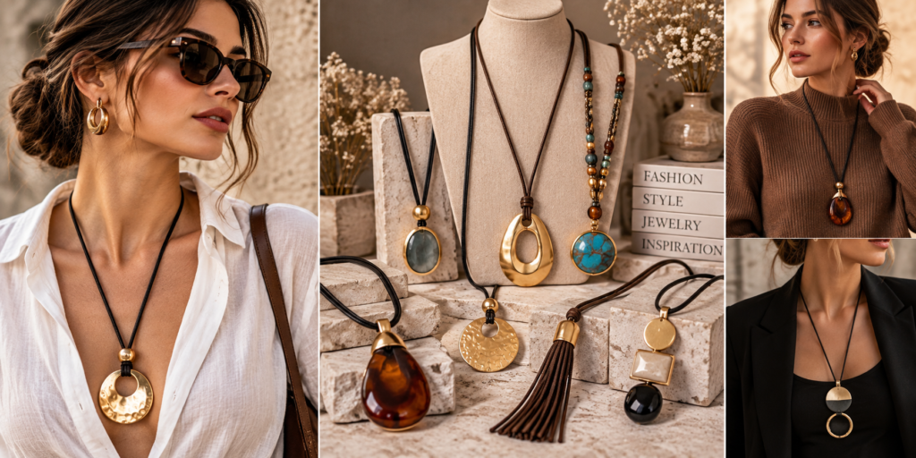 Long pendant and cord necklaces jewelry trends 2026 featuring statement pendants, gold accents, stones and artisan beads