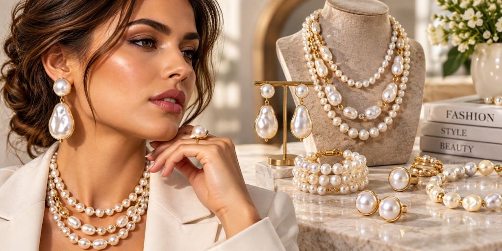 Modern pearls jewelry trend 2026 featuring layered pearl necklaces, statement pearl earrings, bracelets and rings