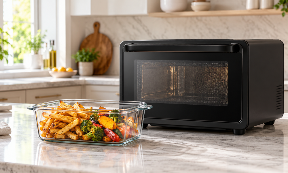 Ninja Crispi MW101 microwave air fryer with a glass container of crisp food in a bright kitchen