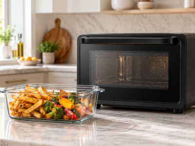 Ninja Crispi MW101 microwave air fryer with a glass container of crisp food in a bright kitchen