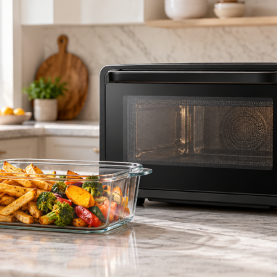 Ninja Crispi MW101 microwave air fryer with a glass container of crisp food in a bright kitchen