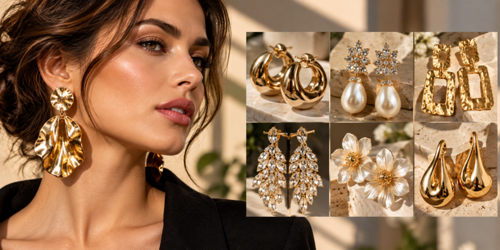 Oversized statement earrings jewelry trend 2026 featuring bold gold earrings, pearl drops and modern sculptural designs