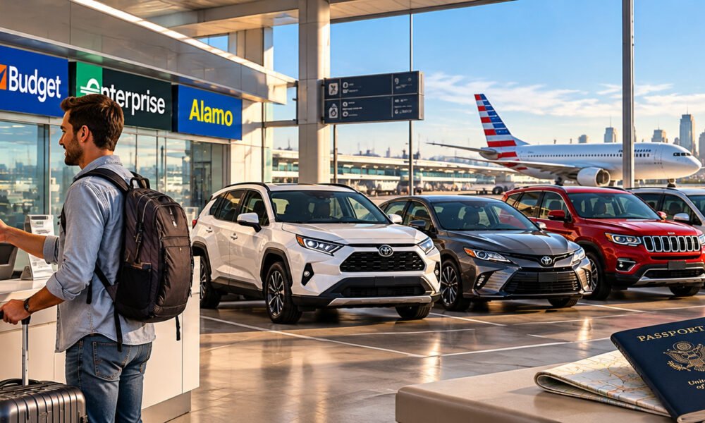 How to rent a car in USA as a tourist with an international traveler collecting rental car keys at a U.S. airport in 2026.