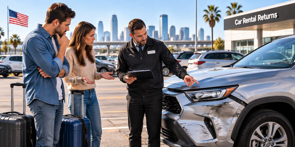Damaged rental car in USA with travelers reviewing vehicle damage and insurance coverage with a rental company representative.