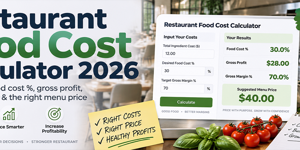 Restaurant food cost calculator 2026 for calculating food cost percentage, gross profit and menu pricing