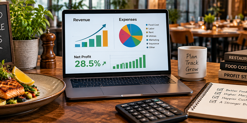 Restaurant profit margin calculator showing revenue expenses food costs and net profit