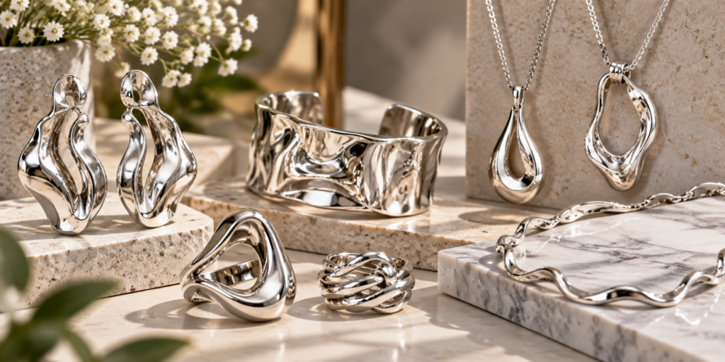 Sculptural silver jewelry trend 2026 featuring oversized earrings, silver cuffs, artistic rings and curved metal necklaces