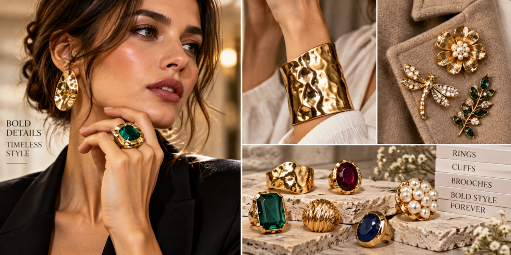 Statement rings, cuffs and brooches jewelry trends 2026 featuring bold gemstone rings, sculptural gold cuffs and vintage-inspired brooches