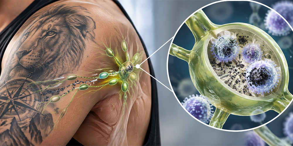 Tattoo ink lymph node effects showing tattoo pigment traveling through the lymphatic system