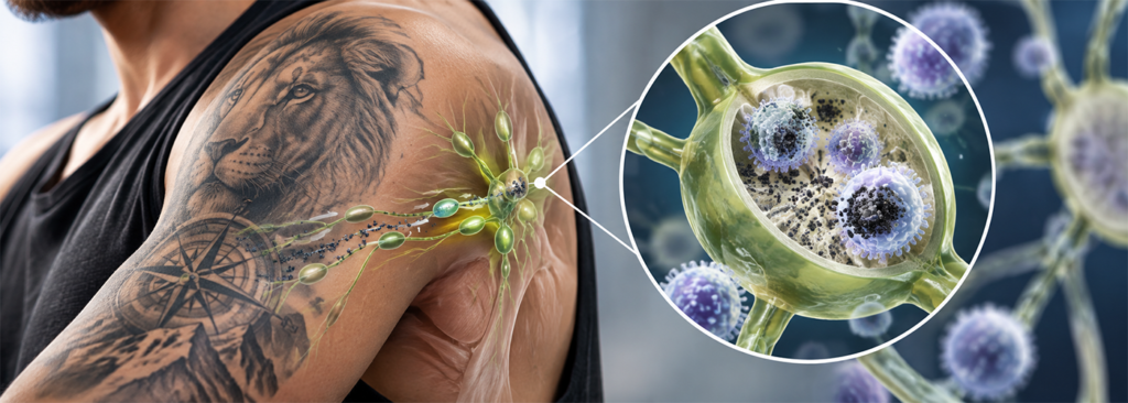 Tattoo ink lymph node effects showing tattoo pigment traveling through the lymphatic system