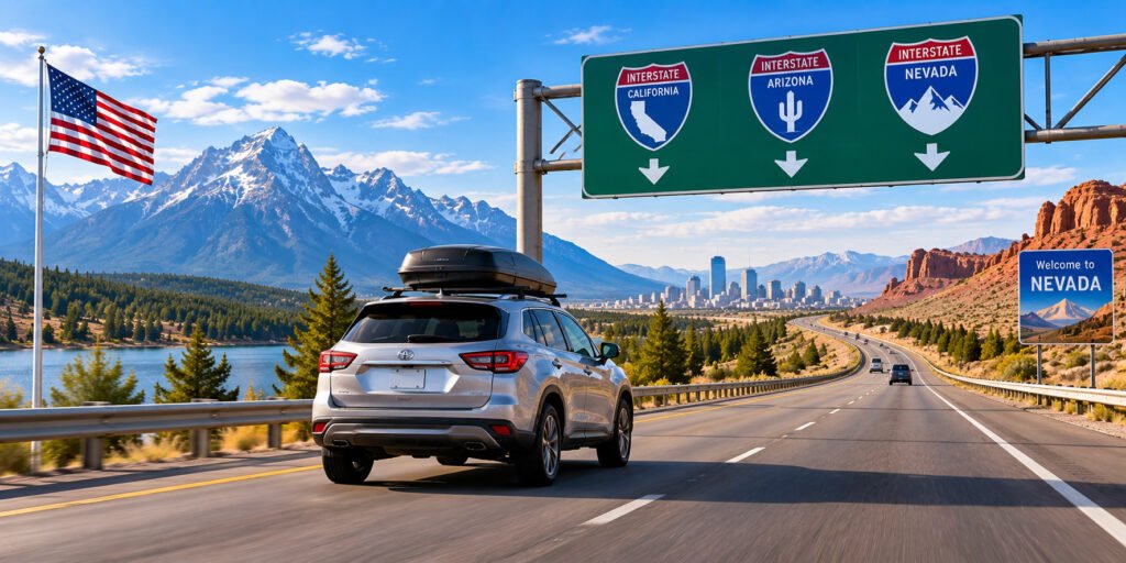 Tourists driving a rental car between U.S. states on an American highway during a multi-state USA road trip.