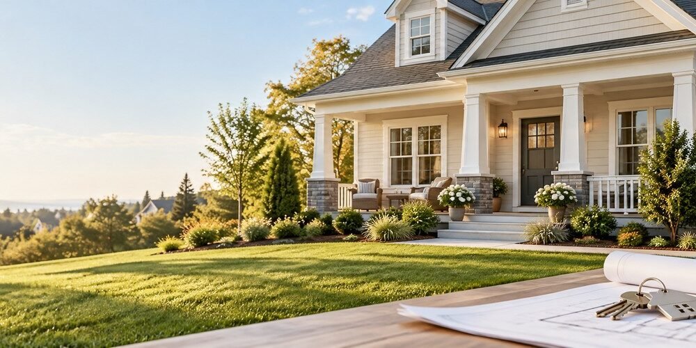 Modern American home with porch and lawn illustrating a U.S. mortgage calculator
