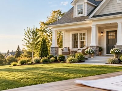 Modern American home with porch and lawn illustrating a U.S. mortgage calculator