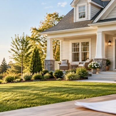 Modern American home with porch and lawn illustrating a U.S. mortgage calculator