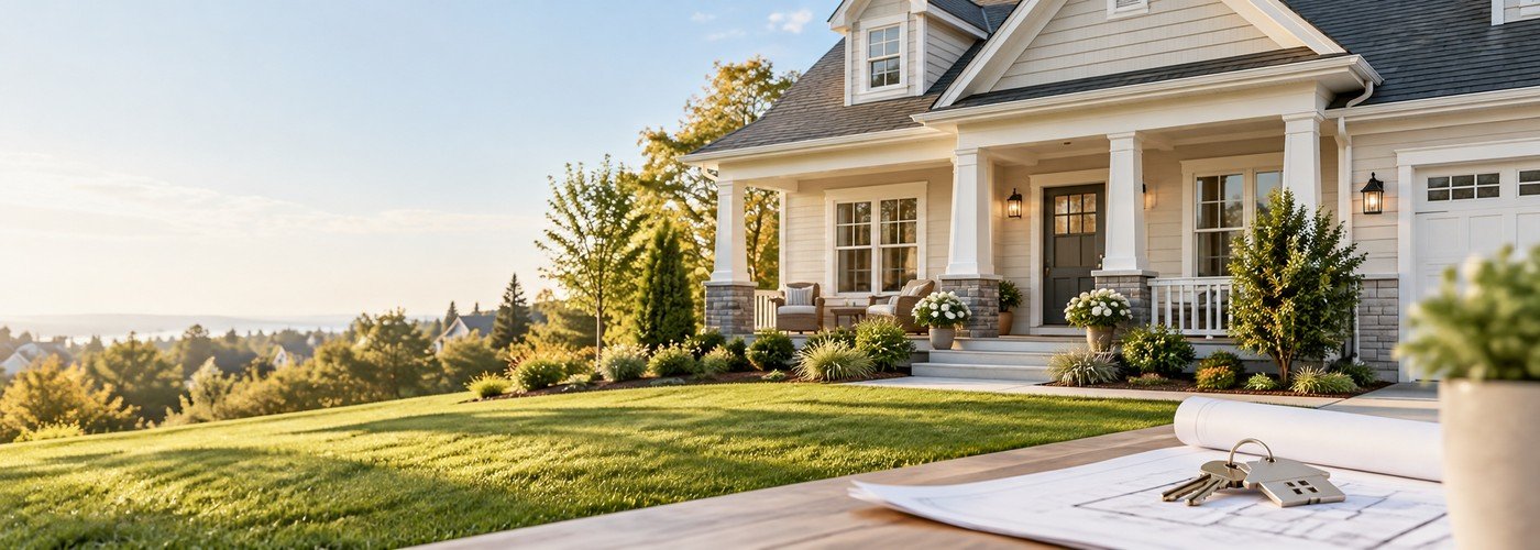 Mortgage calculator illustration with an American home, keys, and a green lawn