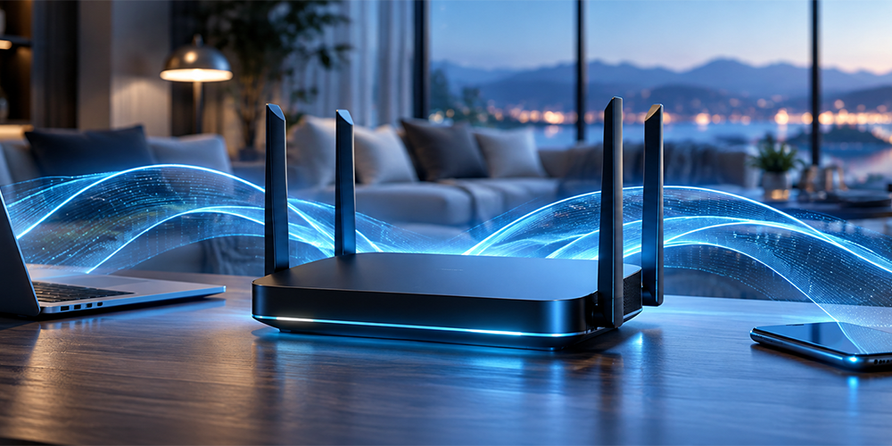 Wi-Fi 7 router on a desk connecting a laptop and smartphone in a modern home — Wi-Fi 7 router guide 2026.
