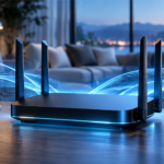 Wi-Fi 7 router on a desk connecting a laptop and smartphone in a modern home — Wi-Fi 7 router guide 2026.