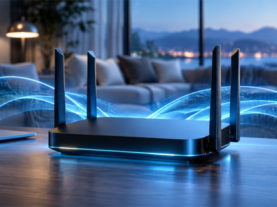 Wi-Fi 7 router on a desk connecting a laptop and smartphone in a modern home — Wi-Fi 7 router guide 2026.