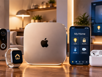 Apple Smart Home Hub 2026 with Siri AI, HomeKit smart devices and connected home controls in a modern living room