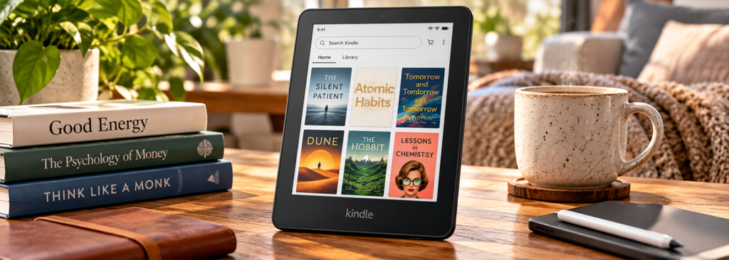 Kindle 2026 review featuring Amazon Kindle Paperwhite and Colorsoft e-reader in a cozy reading setup