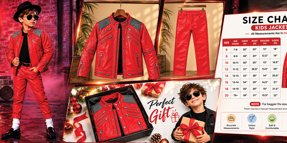 Michael Jackson Red Leather Jacket and Pant Set for kids featuring 80s pop star costume jacket, matching pants and size chart