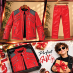 Michael Jackson Red Leather Jacket and Pant Set for kids featuring 80s pop star costume jacket, matching pants and size chart