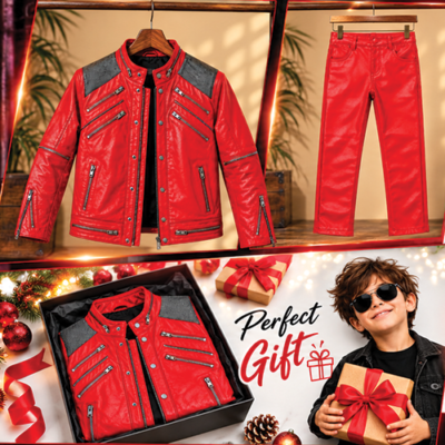 Michael Jackson Red Leather Jacket and Pant Set for kids featuring 80s pop star costume jacket, matching pants and size chart