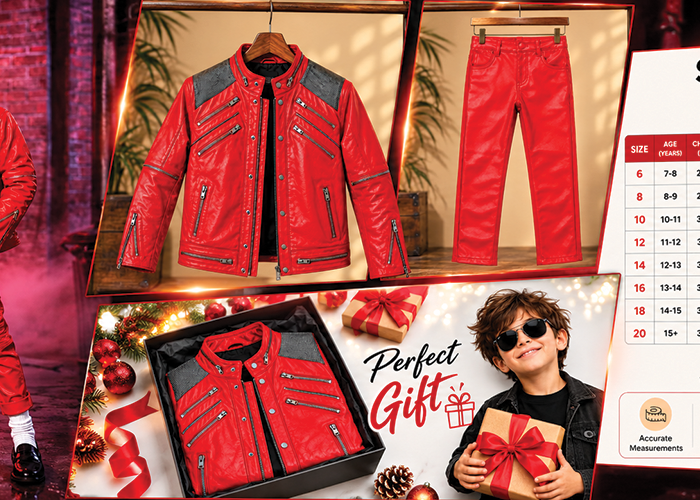 Michael Jackson Red Leather Jacket and Pant Set for kids featuring 80s pop star costume jacket, matching pants and size chart