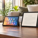 Three tablets in a living room, showing different screen sizes