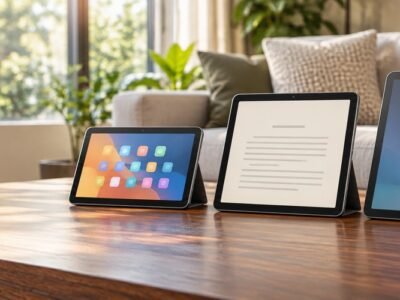 Three tablets in a living room, showing different screen sizes