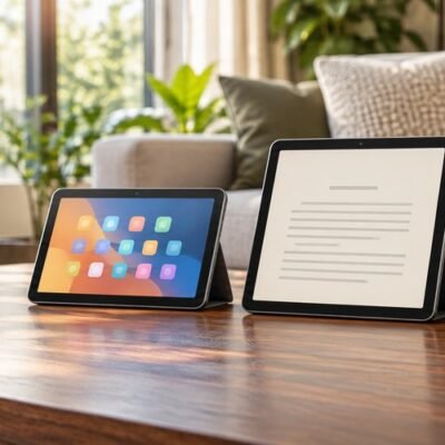 Three tablets in a living room, showing different screen sizes