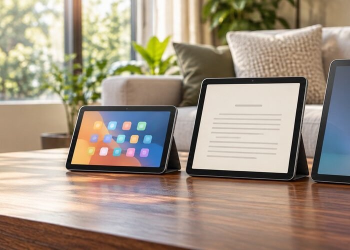 Three tablets in a living room, showing different screen sizes