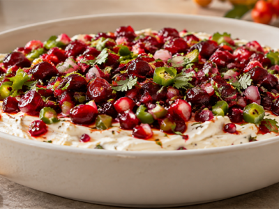 Holiday cranberry jalapeño dip appetizer served with crackers