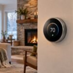 Smart thermostat mounted on the wall beside a fireplace