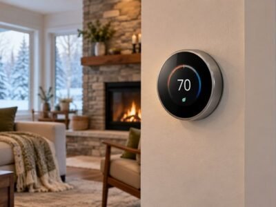Smart thermostat mounted on the wall beside a fireplace