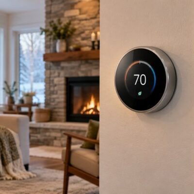 Smart thermostat mounted on the wall beside a fireplace