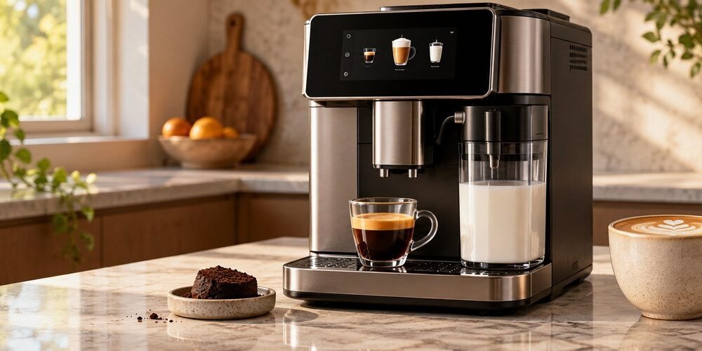 Illustrative coffee and espresso machine with a latte and espresso cup